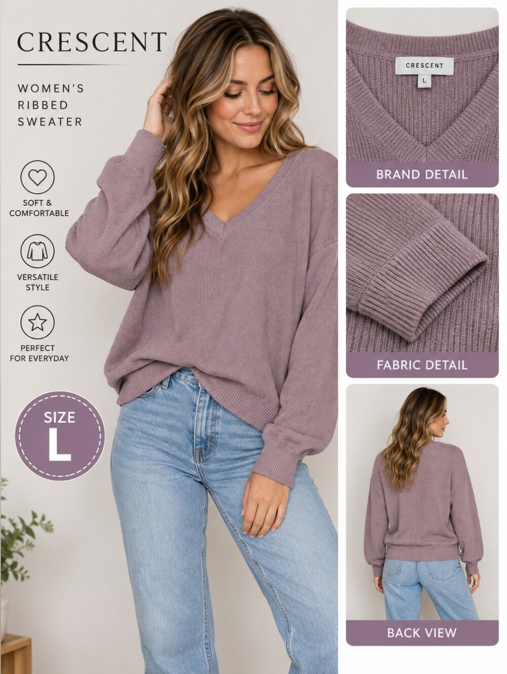 Crescent women's large purple ribbed sweater #25